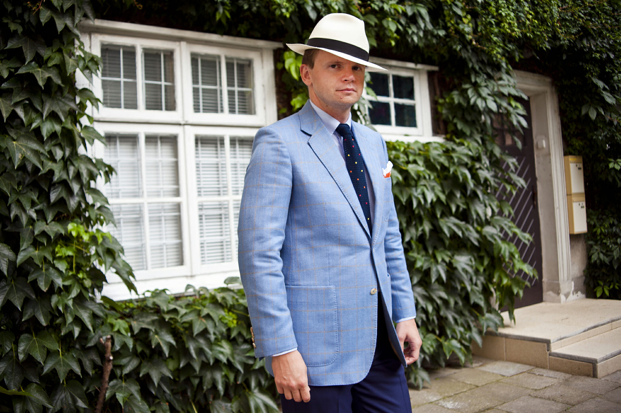 Blue sky jacket with Panama hat