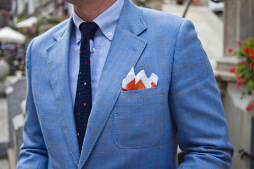 windowpane jacket and knit tie polka dots