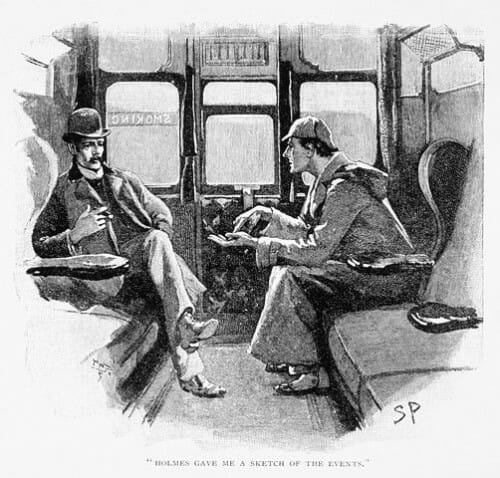 Book Illustration Depicting Sherlock Holmes and Dr. Watson in a Train Cabin