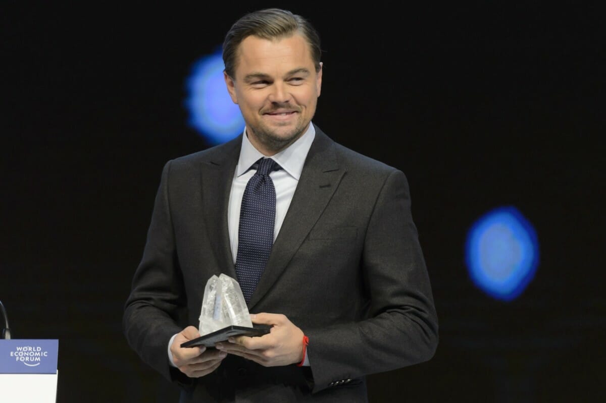 US actor Leonardo DiCaprio reacts upon receiving a Crystal Award during the Crystal Award Ceremony on the eve of the opening of 46th Annual Meeting of the World Economic Forum, WEF, in Davos, Switzerland, 19 January 2016. The overarching theme of the meeting, which is expected to gather some 2,500 leading politicians, UN executives, heads of major corporations, NGO leaders and artists at the annual four-day gathering taking place from 20 to 23 January, is 'Mastering the Fourth Industrial Revolution'. EPA/LAURENT GILLIERON