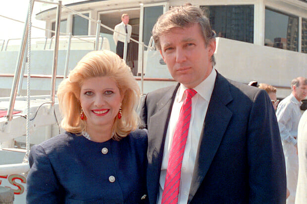 Real estate developer Donald Trump and his wife, Ivana, pose aboard their new luxury yacht The Trump Princess docked at the 30th Street pier on the East River in New York City, Monday, July 4, 1988. (AP Photo/Marty Lederhandler)